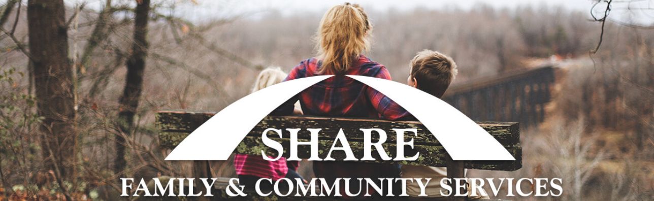 share family logo and woman with children on background